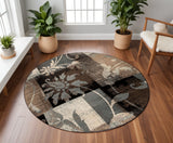 8' Beige Brown And Gray Floral Distressed Round Rug