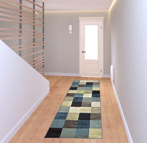 8' Blue Black And Gray Geometric Runner Rug