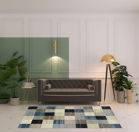 5' X 8' Blue Black And Gray Geometric Area Rug