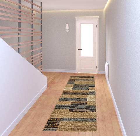8' Blue And Beige Patchwork Runner Rug