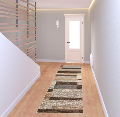 8' Beige Slate Gray And Brown Patchwork Runner Rug