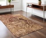4' X 6' Gold And Maroon Abstract Distressed Area Rug