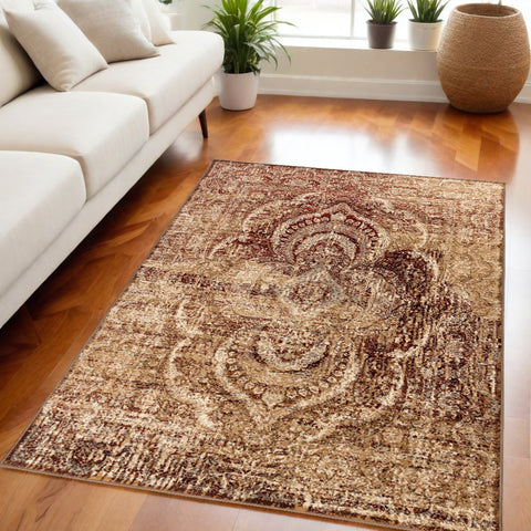 5' X 8' Gold And Maroon Abstract Distressed Area Rug