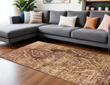 6' X 9' Gold And Maroon Abstract Distressed Area Rug