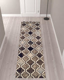 10' Ivory Brown And Black Quatrefoil Distressed Runner Rug