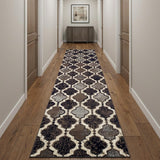 12' Brown Black And Ivory Quatrefoil Distressed Runner Rug