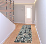 8' Gray And Ivory Quatrefoil Distressed Runner Rug