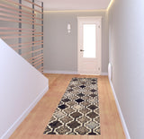 8' Ivory Brown And Black Quatrefoil Distressed Runner Rug