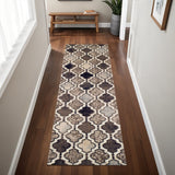 8' Ivory Brown And Black Quatrefoil Distressed Runner Rug