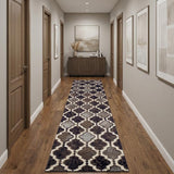 11' Brown Black And Ivory Quatrefoil Distressed Runner Rug