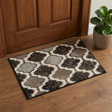 2' X 3' Brown Black And Ivory Quatrefoil Distressed Area Rug