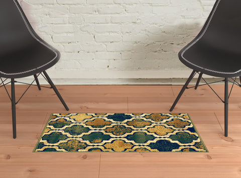 2' X 3' Green Brown And Ivory Quatrefoil Distressed Area Rug
