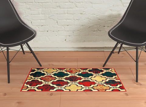 2' X 3' Blue And Red Quatrefoil Distressed Area Rug