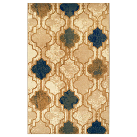 4' X 6' Cream Brown And Teal Quatrefoil Distressed Area Rug