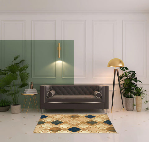 4' X 6' Cream Brown And Teal Quatrefoil Distressed Area Rug