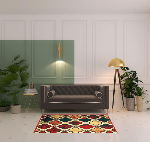 4' X 6' Blue And Red Quatrefoil Distressed Area Rug