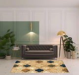 5' X 8' Cream Brown And Teal Quatrefoil Distressed Area Rug