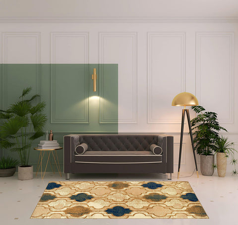 5' X 8' Cream Brown And Teal Quatrefoil Distressed Area Rug