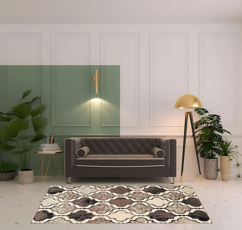 5' X 8' Ivory Brown And Black Quatrefoil Distressed Area Rug