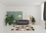 6' X 9' Ivory Brown And Black Quatrefoil Distressed Area Rug