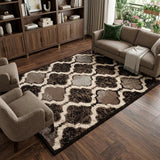8' X 10' Brown Black And Ivory Quatrefoil Distressed Area Rug
