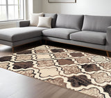 8' X 10' Ivory Brown And Black Quatrefoil Distressed Area Rug
