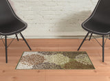 2' X 3' Brown Green And Ivory Floral Medallion Area Rug