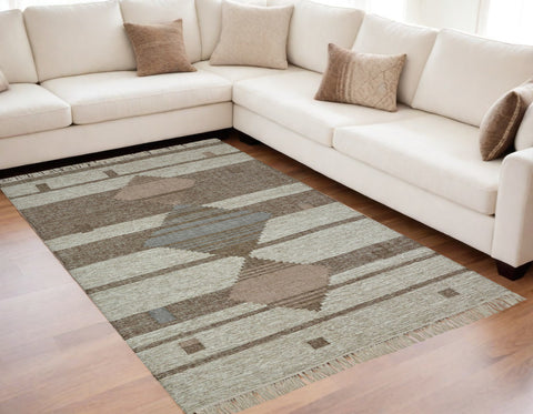 5' X 8' Gray And Brown Geometric Flatweave Handmade Area Rug With Fringe