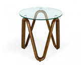 20" Walnut And Clear Glass  Solid Wood Ribbon Base Round End Table