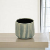 Green Ceramic 25 Ounce Striped Round Distressed Pot Planter