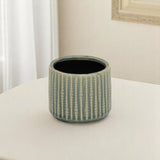 Beige And Green Ceramic 12 Ounce Striped Round Distressed Pot Planter