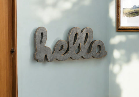 12" X 28" Gray Handcrafted Abstract hello Metal Wall Decor