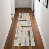 8' Ivory and Green Abstract Power Loom Distressed Runner Rug