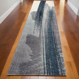 15' Blue And White Abstract Shag Runner Rug
