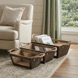 Set of Three Dark Brown Nesting Solid Wood And Metal Crate