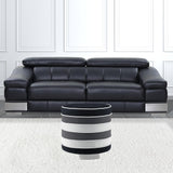 18" Black Gray And Silver Striped Velvet Round Ottoman