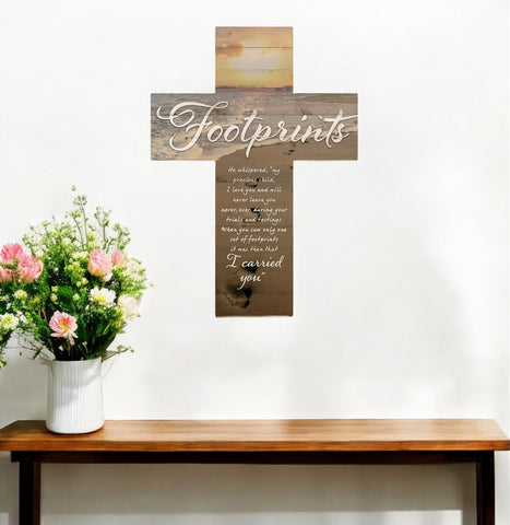 20" X 14" Brown Footprints In the Sand Religious Cross Wall Decor