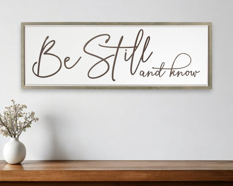 16" X 45" Brown and White Be Still and Know Solid Wood Wall Decor