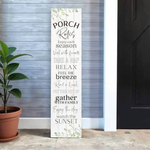 14" X 60" Black and White Porch Rules Solid Wood Wall Decor
