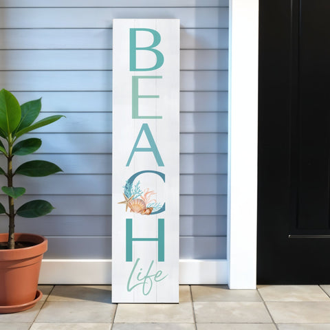 11" X 47" Green and White Beach Life Solid Wood Wall Decor