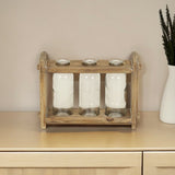 7" Set of Three Glass Jars in a Wood Rack