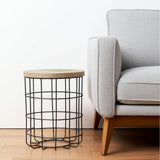 24" Natural and Black Solid Wood and Iron Round Frame End Table