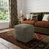 18" Black and Ivory Wool Cube Geometric Pouf Ottoman