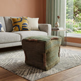 18" Green and Brown Jute Cube Pouf Ottoman