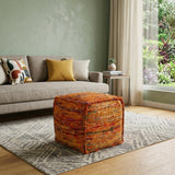 18" Orange Recycled Silk and Cotton Blend Cube Pouf Ottoman