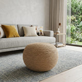 20" Beige Wool Round Ribbed Pouf Ottoman