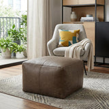 22" Gray Brown Distressed Leather Pouf Ottoman