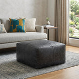 22" Black Distressed Leather Pouf Ottoman