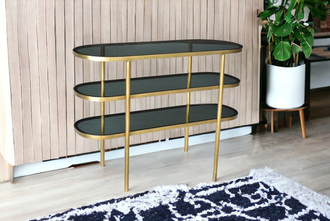 46" Black and Gold Glass Oval Console Table With Storage