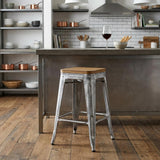 18" Brown And Gray Solid Wood And Steel Backless Bar Chair